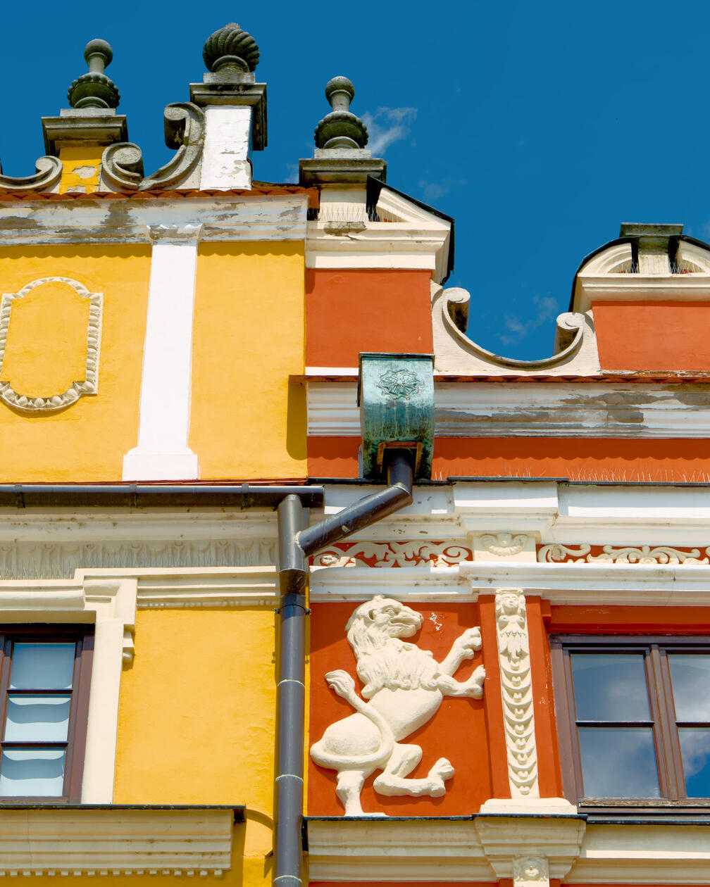 Fragment kolorowej fasady kamienicy w Zamościu, z żółtym i czerwonym tynkiem, białym lwią reliefem oraz ozdobnymi detalami architektonicznymi na tle błękitnego nieba.